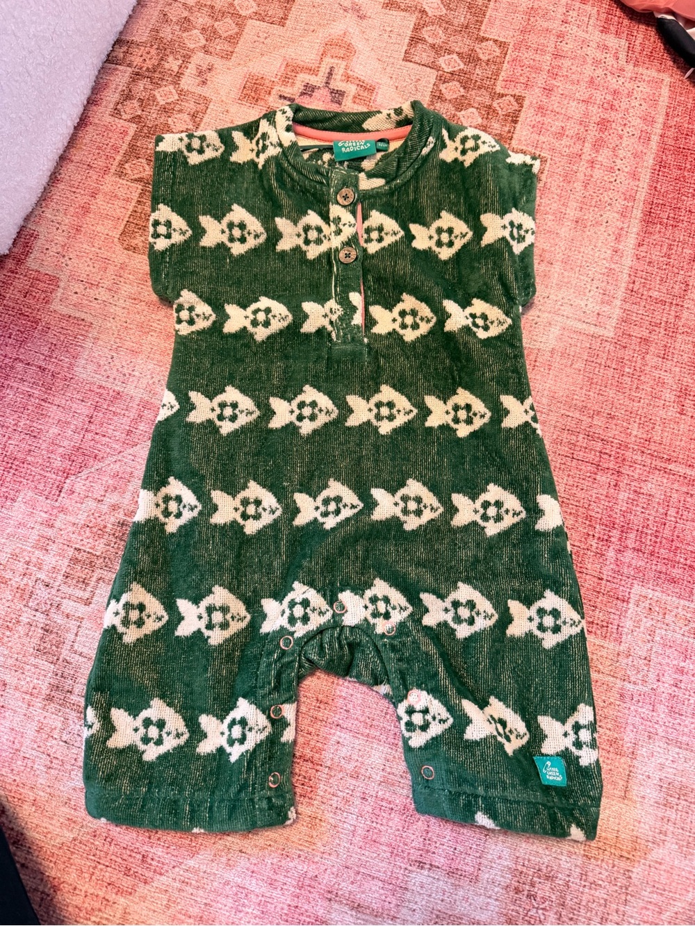 Little Green Radicals Green and Cream Floral towel romper One-Piece